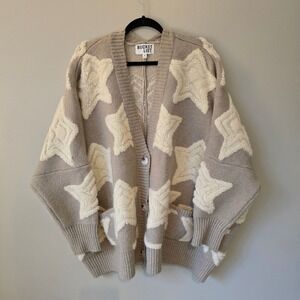 Bucket List Star Pattern Oversized Cardigan Sweater Tan Cream Wool Blend IT1670M